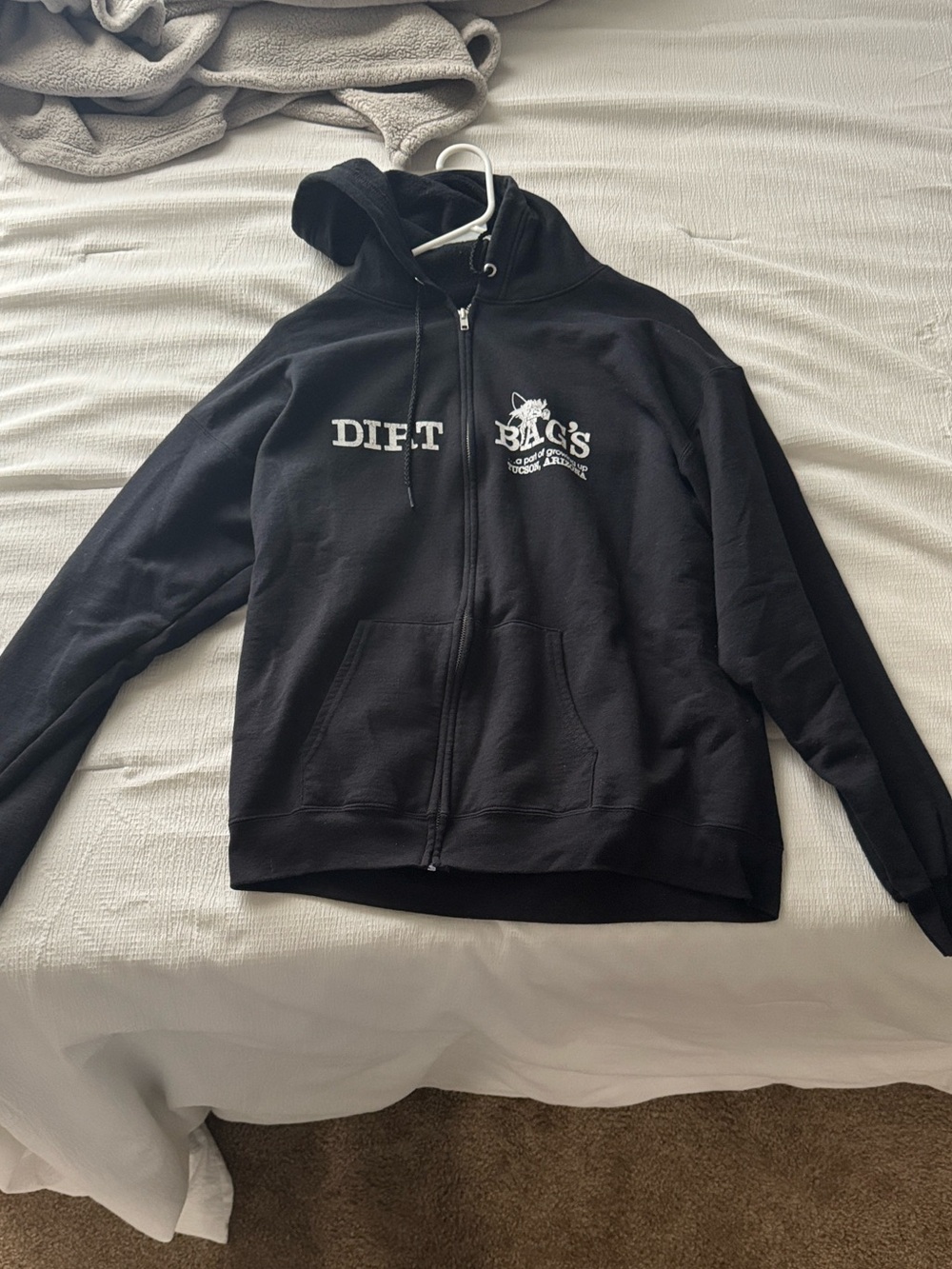Black Zip-Up Hoodie with White 'Dirt Bags' Logo
